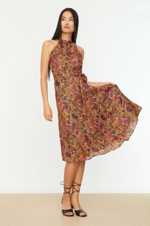 Belted and Flower Patterned Dress