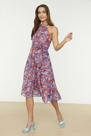 Belted and Flower Patterned Dress